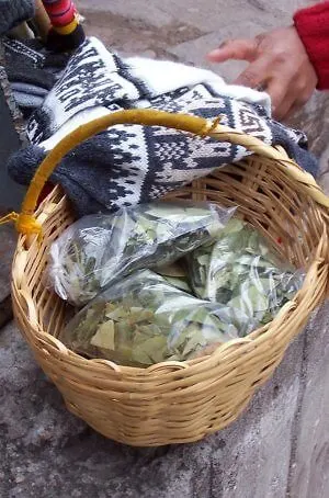 Bags of coca leaves for sale in Peru, where they're purchased by Andean workers and trekkers.