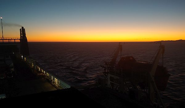 Baja ferry arriving in La Paz at sunrise